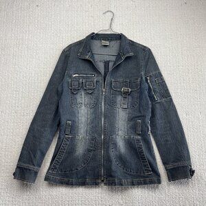 Y2K 725 Originals Dark Blue Denim Moto Cafe Racer Jacket Military Wom Sz S 2000s